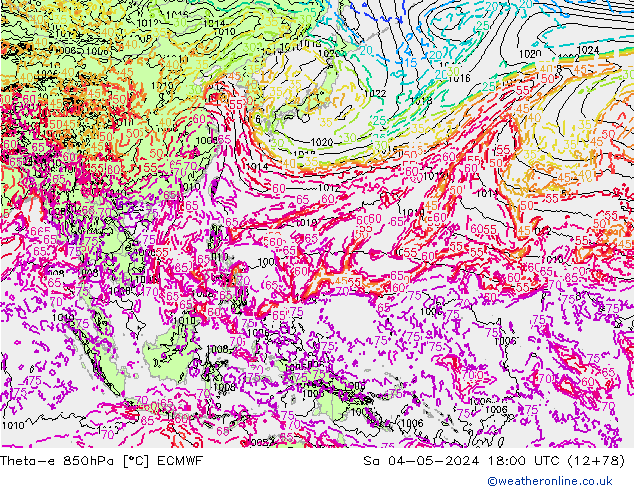 Theta-e 850hPa ECMWF so. 04.05.2024 18 UTC