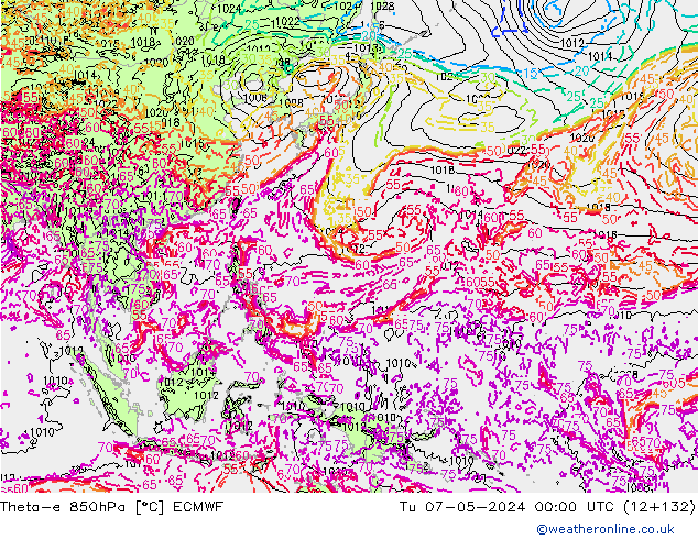 Theta-e 850hPa ECMWF Tu 07.05.2024 00 UTC