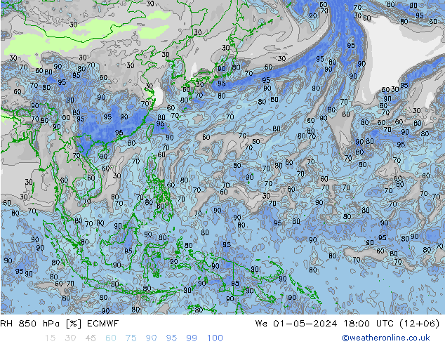 RH 850 hPa ECMWF mer 01.05.2024 18 UTC