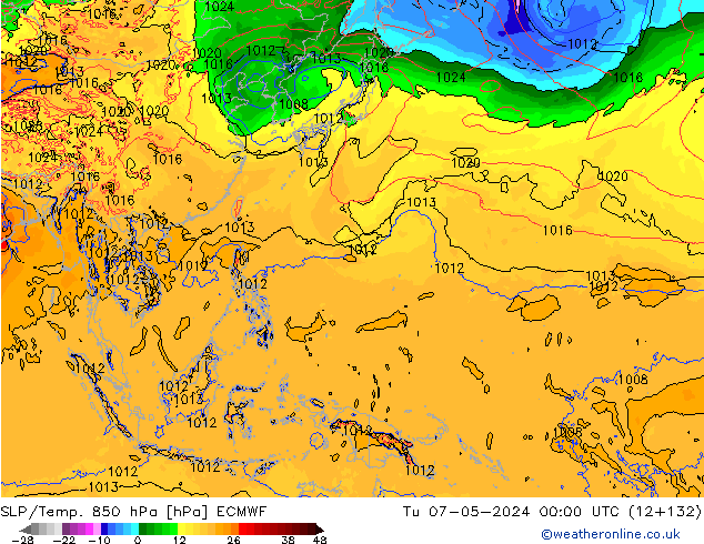 SLP/Temp. 850 гПа ECMWF вт 07.05.2024 00 UTC