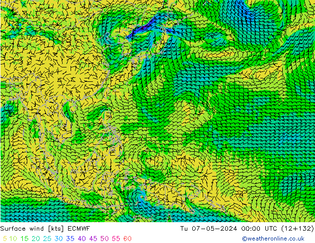 Surface wind ECMWF Út 07.05.2024 00 UTC