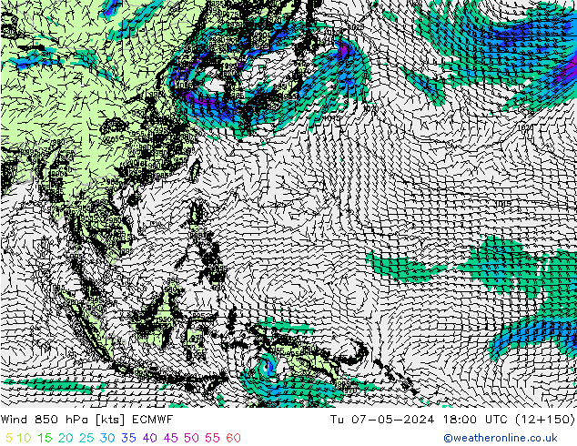 Wind 850 hPa ECMWF Tu 07.05.2024 18 UTC