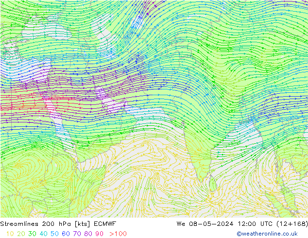 Ligne de courant 200 hPa ECMWF mer 08.05.2024 12 UTC