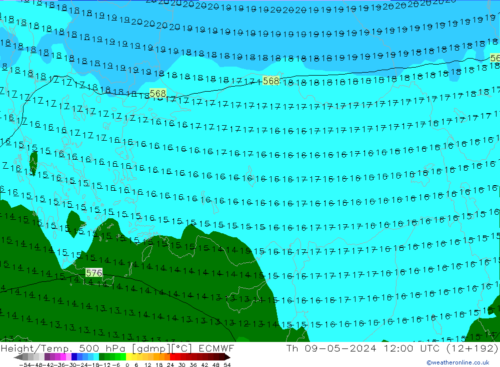 Height/Temp. 500 hPa ECMWF Th 09.05.2024 12 UTC