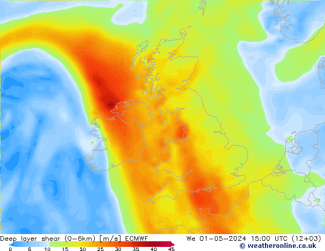 Deep layer shear (0-6km) ECMWF We 01.05.2024 15 UTC