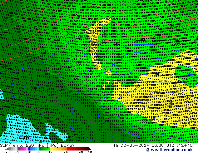 SLP/Temp. 850 hPa ECMWF gio 02.05.2024 06 UTC