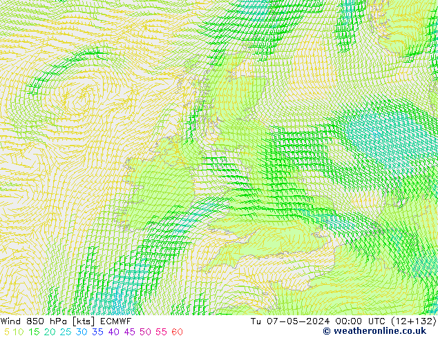 Wind 850 hPa ECMWF Tu 07.05.2024 00 UTC
