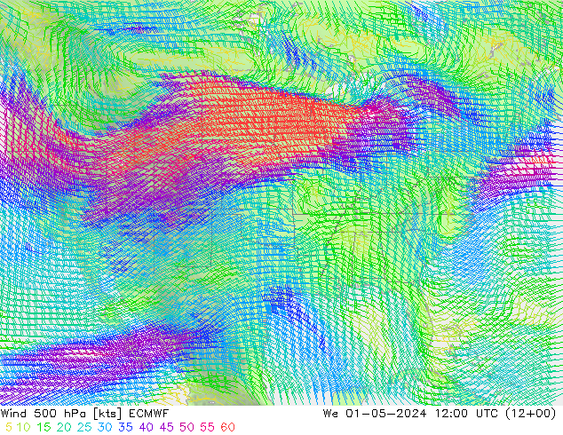 Vento 500 hPa ECMWF mer 01.05.2024 12 UTC