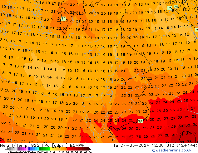 Height/Temp. 925 hPa ECMWF Tu 07.05.2024 12 UTC