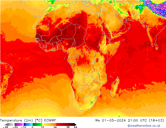 Sıcaklık Haritası (2m) ECMWF Çar 01.05.2024 21 UTC