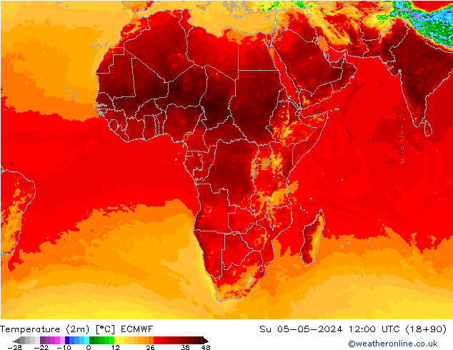 Temperatuurkaart (2m) ECMWF zo 05.05.2024 12 UTC