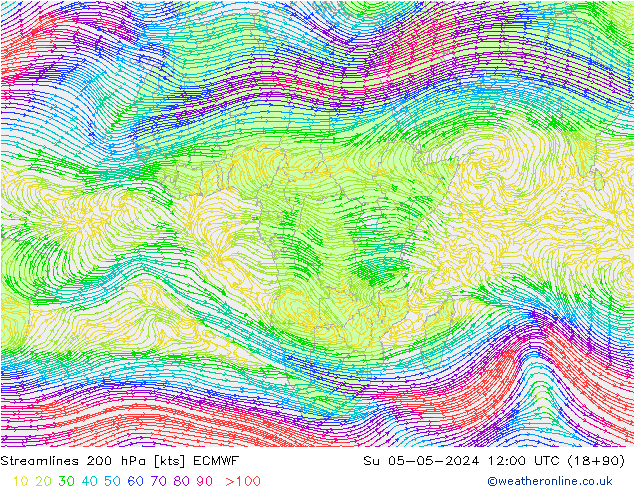 Stroomlijn 200 hPa ECMWF zo 05.05.2024 12 UTC