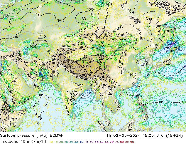 Isotachs (kph) ECMWF Th 02.05.2024 18 UTC