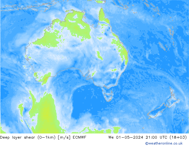 Deep layer shear (0-1km) ECMWF ср 01.05.2024 21 UTC