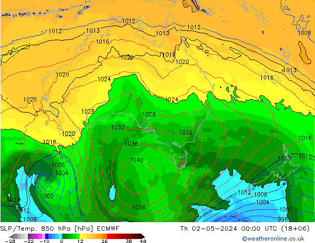 SLP/Temp. 850 hPa ECMWF jeu 02.05.2024 00 UTC