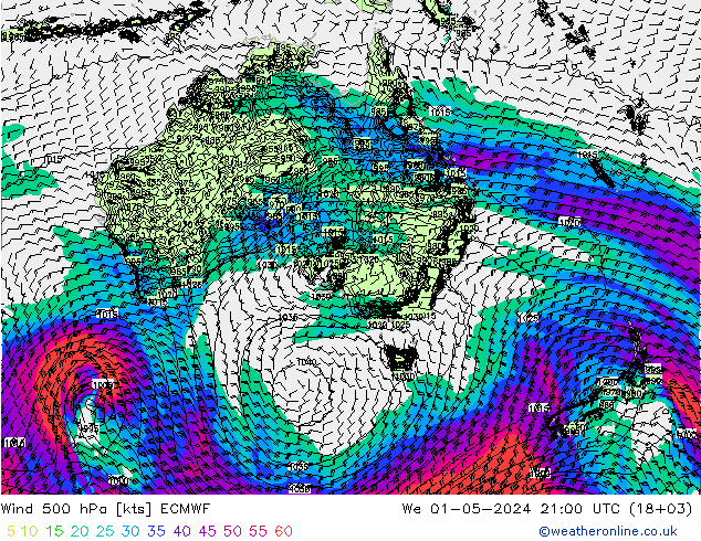 wiatr 500 hPa ECMWF śro. 01.05.2024 21 UTC
