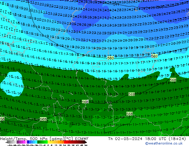 Height/Temp. 500 hPa ECMWF Qui 02.05.2024 18 UTC