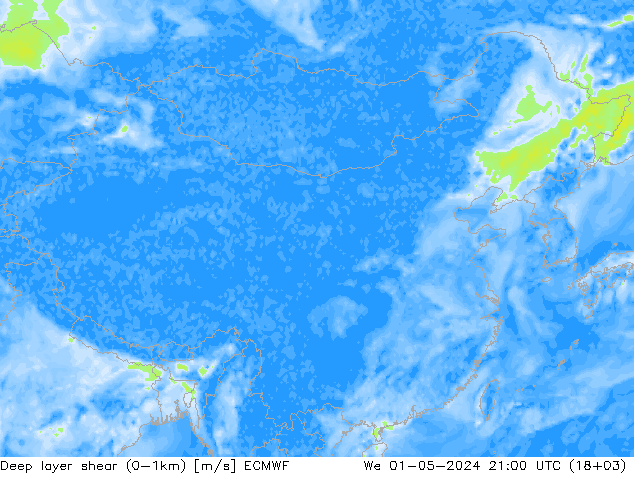Deep layer shear (0-1km) ECMWF 星期三 01.05.2024 21 UTC