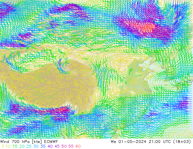 风 700 hPa ECMWF 星期三 01.05.2024 21 UTC