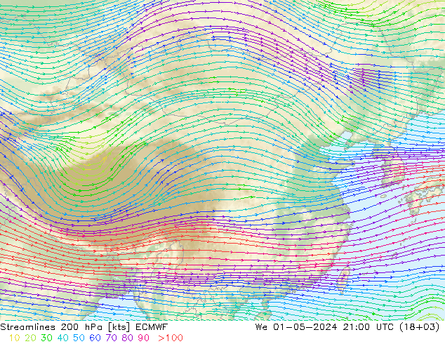 风 200 hPa ECMWF 星期三 01.05.2024 21 UTC