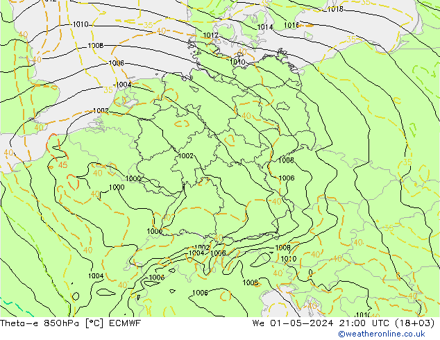 Theta-e 850hPa ECMWF mié 01.05.2024 21 UTC