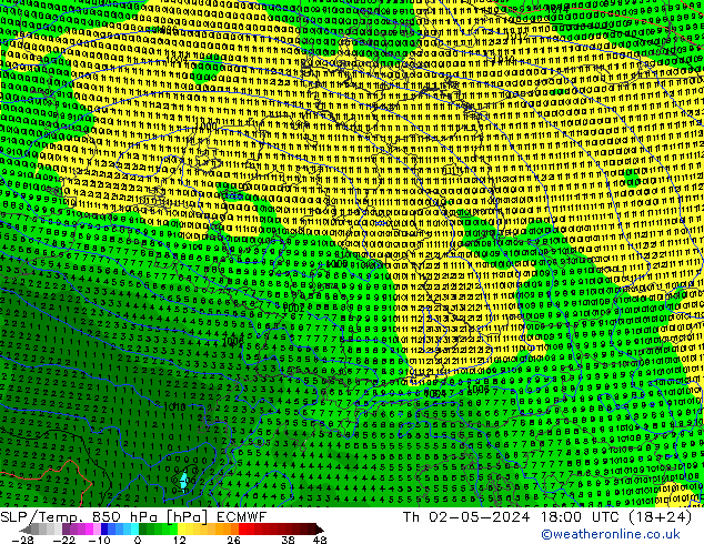 SLP/Temp. 850 hPa ECMWF Qui 02.05.2024 18 UTC