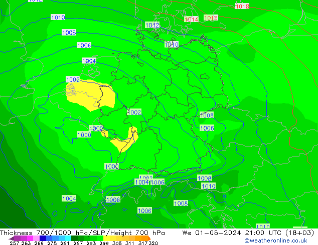 Espesor 700-1000 hPa ECMWF mié 01.05.2024 21 UTC