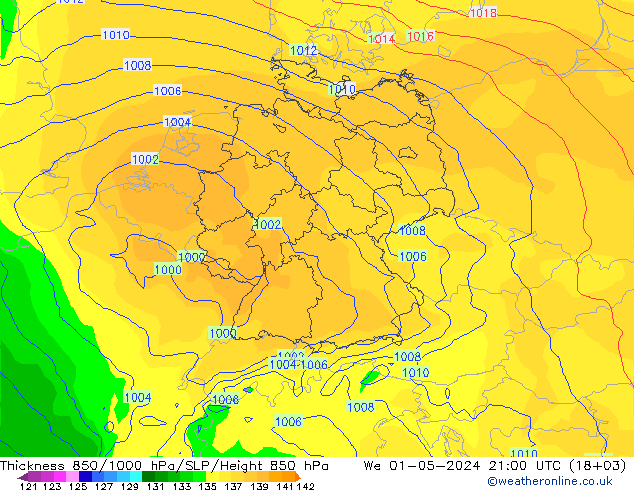 Espesor 850-1000 hPa ECMWF mié 01.05.2024 21 UTC