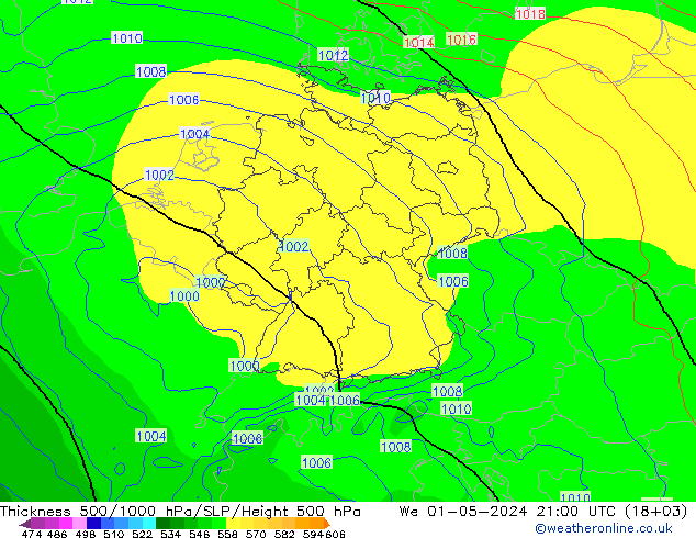 Espesor 500-1000 hPa ECMWF mié 01.05.2024 21 UTC