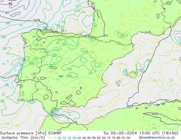 Isotachs (kph) ECMWF Ne 05.05.2024 12 UTC