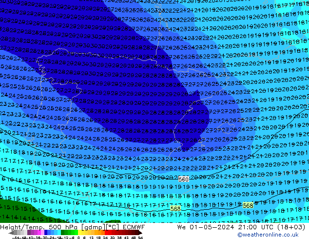 Height/Temp. 500 hPa ECMWF mer 01.05.2024 21 UTC