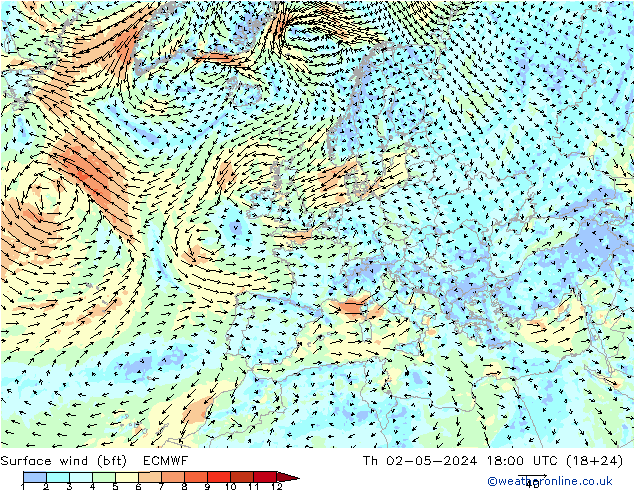 Surface wind (bft) ECMWF Th 02.05.2024 18 UTC