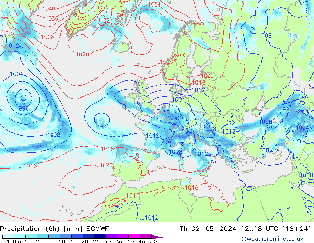 Z500/Rain (+SLP)/Z850 ECMWF czw. 02.05.2024 18 UTC