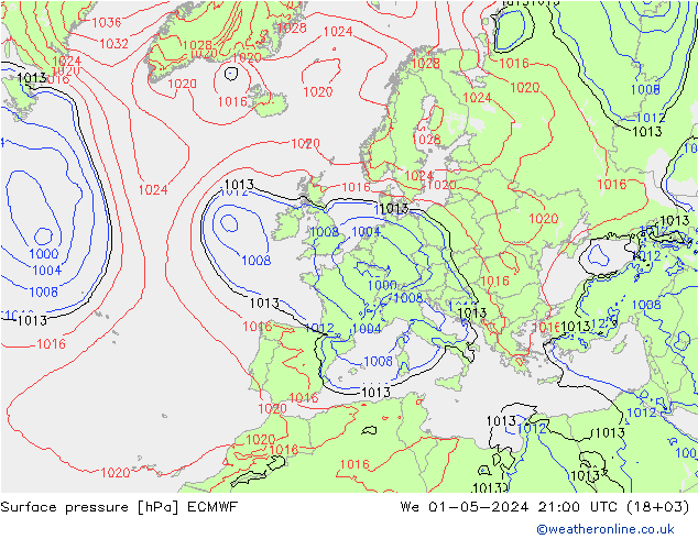 Bodendruck ECMWF Mi 01.05.2024 21 UTC