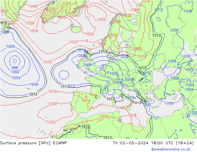 Presión superficial ECMWF jue 02.05.2024 18 UTC