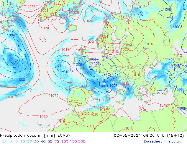 Precipitation accum. ECMWF Th 02.05.2024 06 UTC