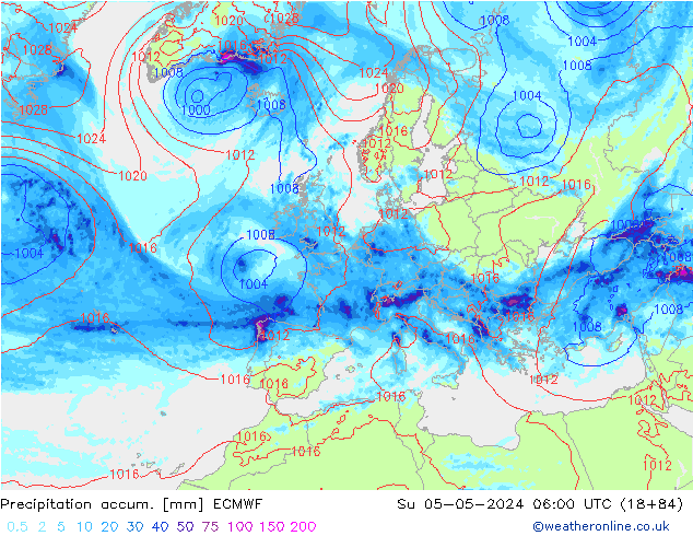 Precipitation accum. ECMWF Su 05.05.2024 06 UTC