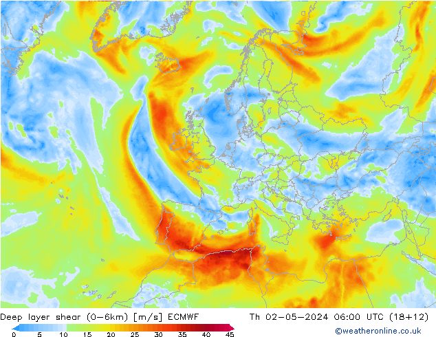 Deep layer shear (0-6km) ECMWF Do 02.05.2024 06 UTC