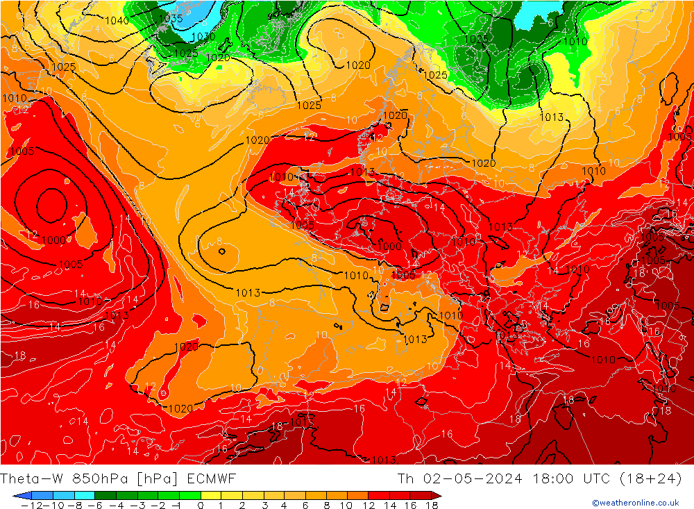 Theta-W 850hPa ECMWF Čt 02.05.2024 18 UTC