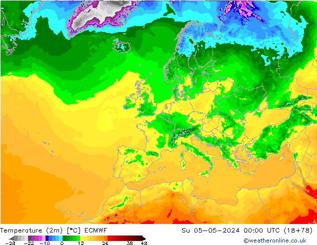 mapa temperatury (2m) ECMWF nie. 05.05.2024 00 UTC