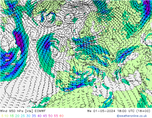 Wind 950 hPa ECMWF Mi 01.05.2024 18 UTC