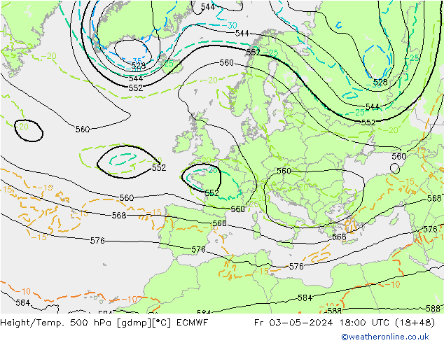Hoogte/Temp. 500 hPa ECMWF vr 03.05.2024 18 UTC