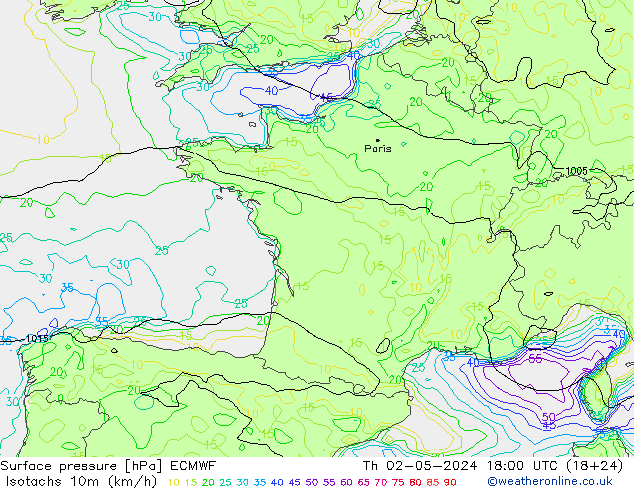 Izotacha (km/godz) ECMWF czw. 02.05.2024 18 UTC