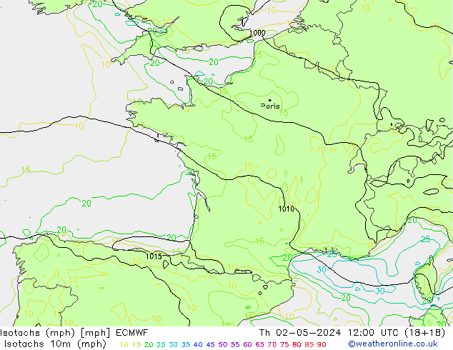 Isotachen (mph) ECMWF do 02.05.2024 12 UTC