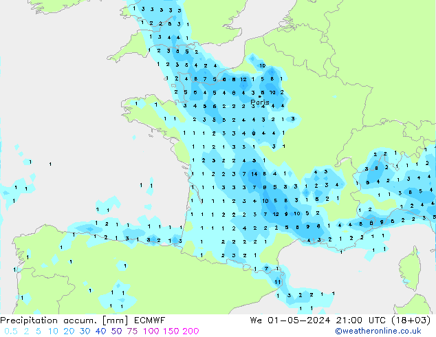 Precipitation accum. ECMWF Qua 01.05.2024 21 UTC