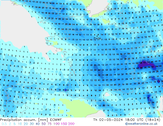 Precipitation accum. ECMWF Th 02.05.2024 18 UTC