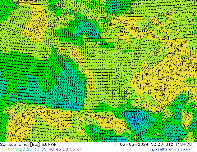 Surface wind ECMWF Čt 02.05.2024 00 UTC