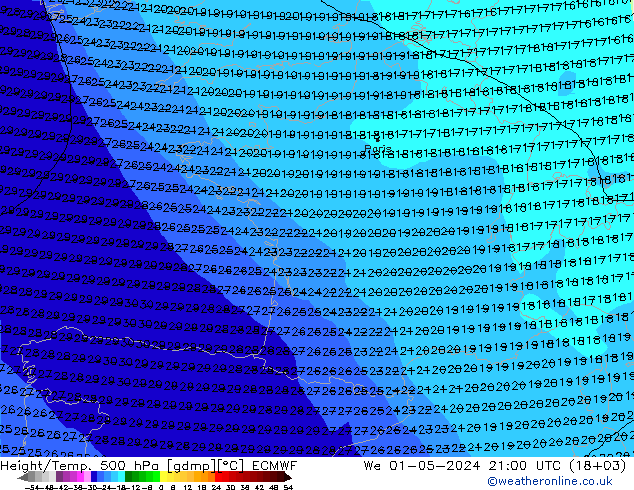 Yükseklik/Sıc. 500 hPa ECMWF Çar 01.05.2024 21 UTC