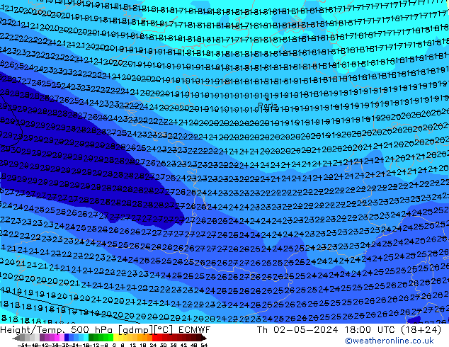 Z500/Rain (+SLP)/Z850 ECMWF Čt 02.05.2024 18 UTC