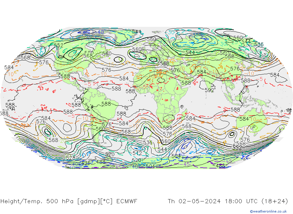 Height/Temp. 500 hPa ECMWF Čt 02.05.2024 18 UTC